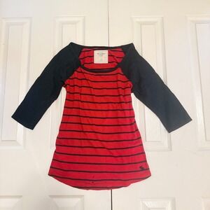 Baseball Tee Women Medium Red Navy Striped Raglan 3/4 Sleeve Abercrombie & Fitch